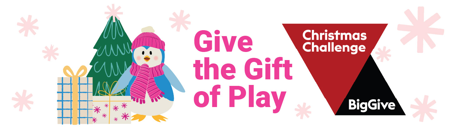 a web banner with pip the penguin in and words "Give the Gift of Play"